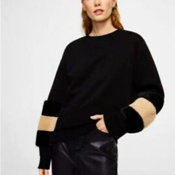 Gilli Black Tan Fur Stripe Balloon Sleeve Oversized Slouchy Sweatshirt Top Small - Picture 1 of 6
